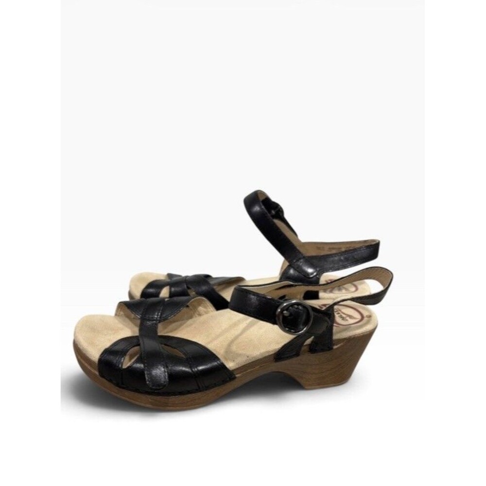 Dansko Season Ankle Strap Sandals Womens 37 Wedge Buckle Leather Black